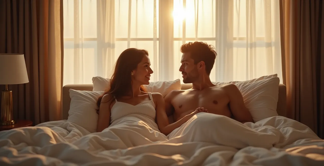 Un couple en moment intime et tendre, assis côte à côte sur un lit, échangeant un regard chaleureux dans une chambre baignée de lumière dorée