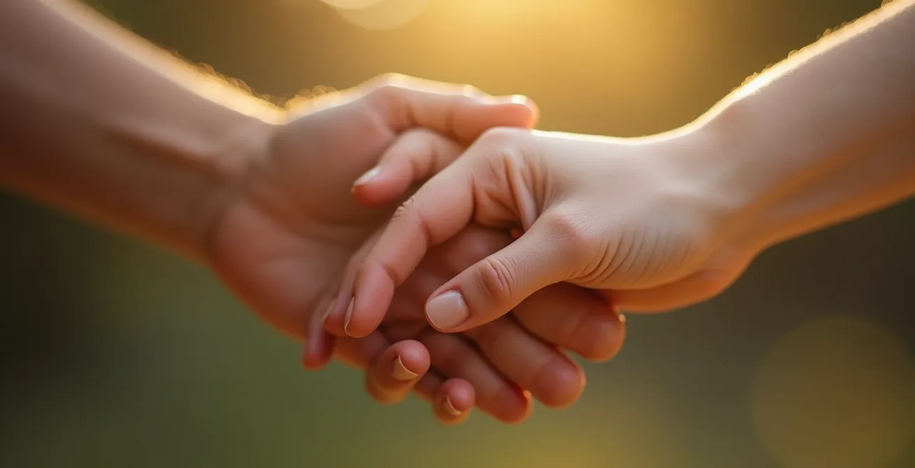 Gros plan macro de deux mains enlacées tendrement, éclairées par une lumière naturelle douce, symbolisant la confiance et la vulnérabilité