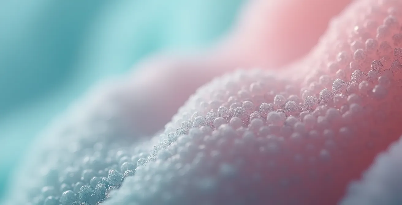 Gros plan texturé d'une surface en silicone médical lisse et brillante, avec profondeur de champ pour montrer la qualité et la sécurité du matériau