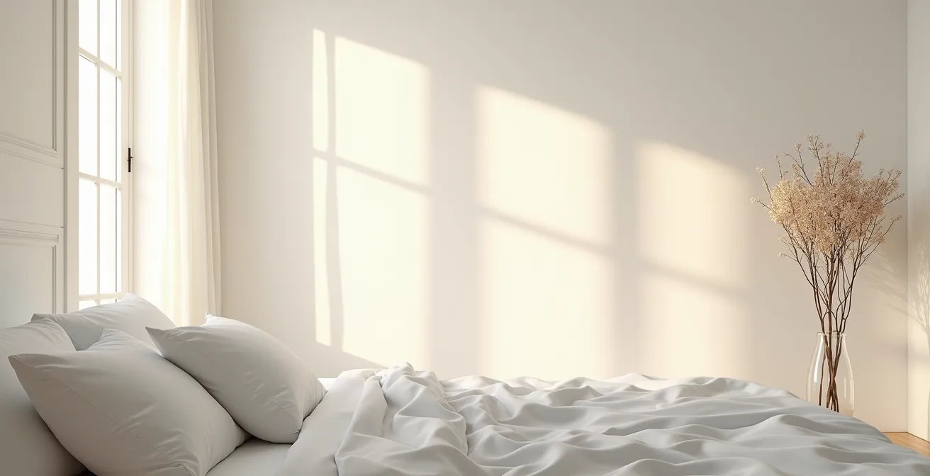 Minimalist bedroom bathed in golden hour light with abstract shadows
